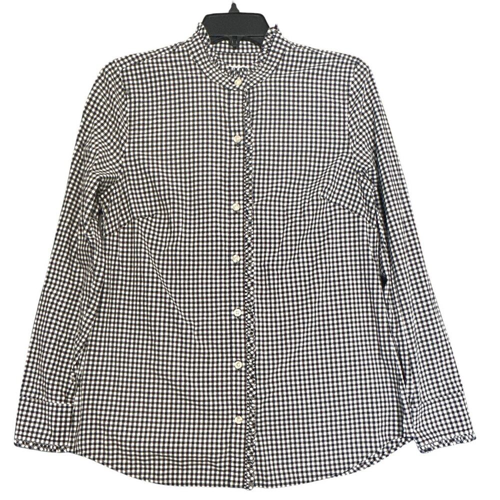 Vineyard Vines Gingham Ruffle Button Down Women's 8 Black White Preppy Shirt